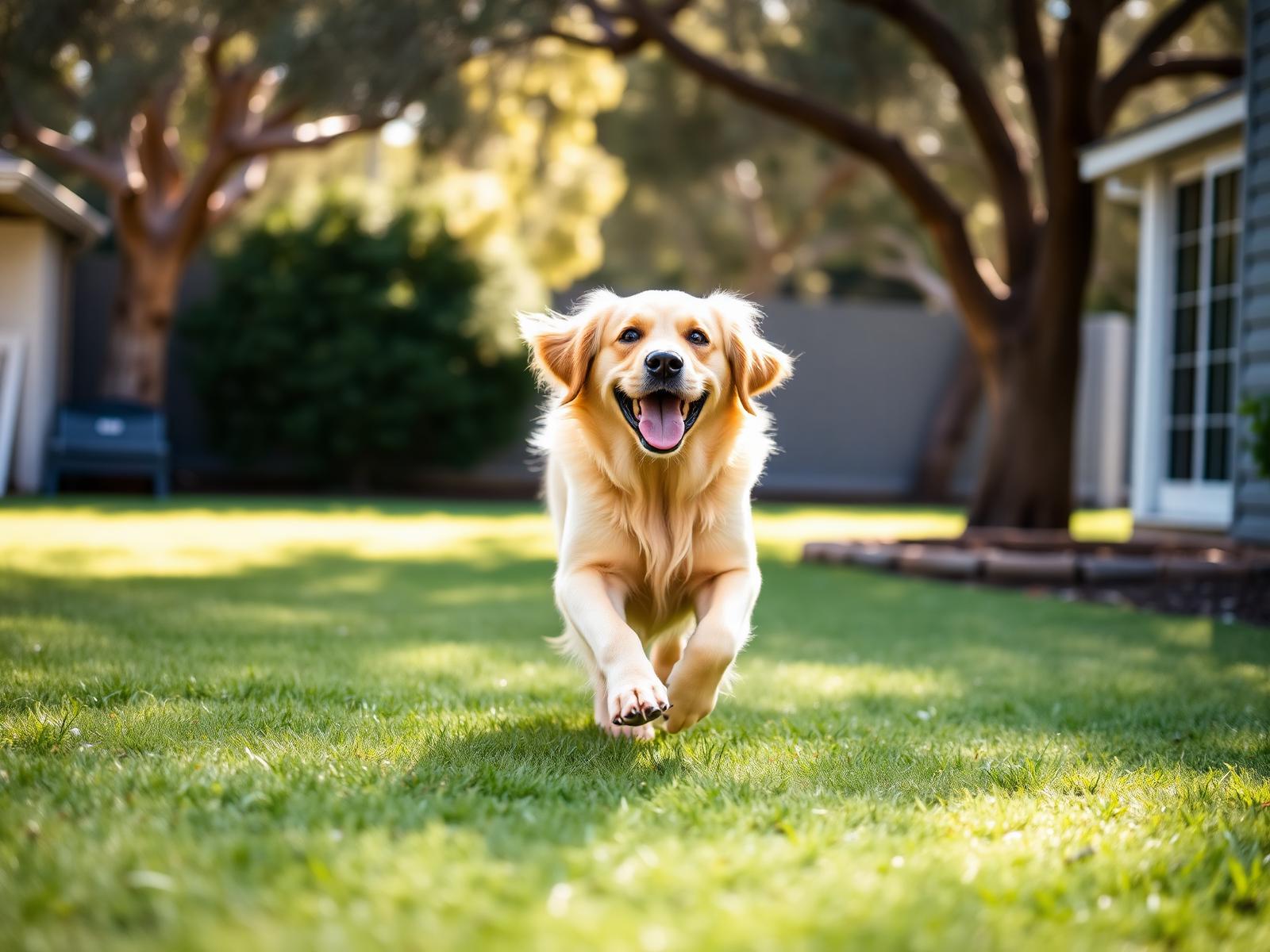 Happy golden retriever in an Australian backyard